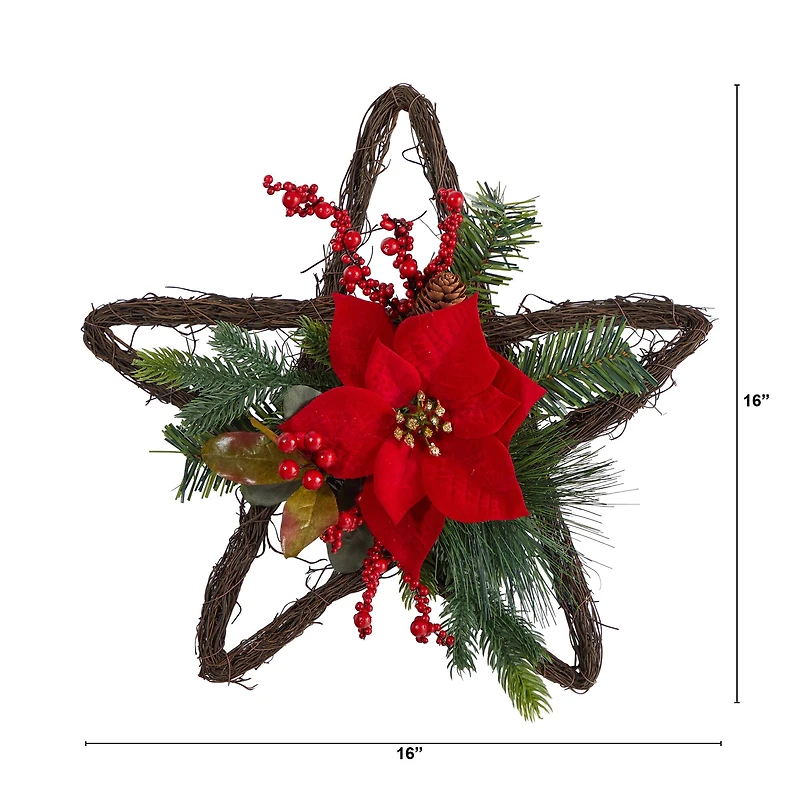 16" Holiday Christmas Poinsettia Star Twig Wreath