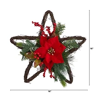 16" Holiday Christmas Poinsettia Star Twig Wreath