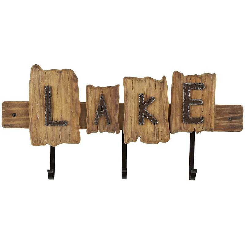 Brown Wood Handmade Live Edge Lake Sign 3 Hanger Wall Hook with Metal Accents
