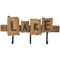 Brown Wood Handmade Live Edge Lake Sign 3 Hanger Wall Hook with Metal Accents