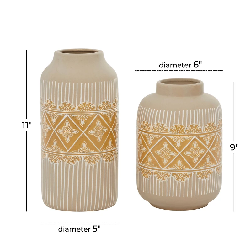 Set of 2 Beige Ceramic Boho Style Vase 9", 11"