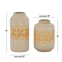 Set of 2 Beige Ceramic Boho Style Vase 9", 11"