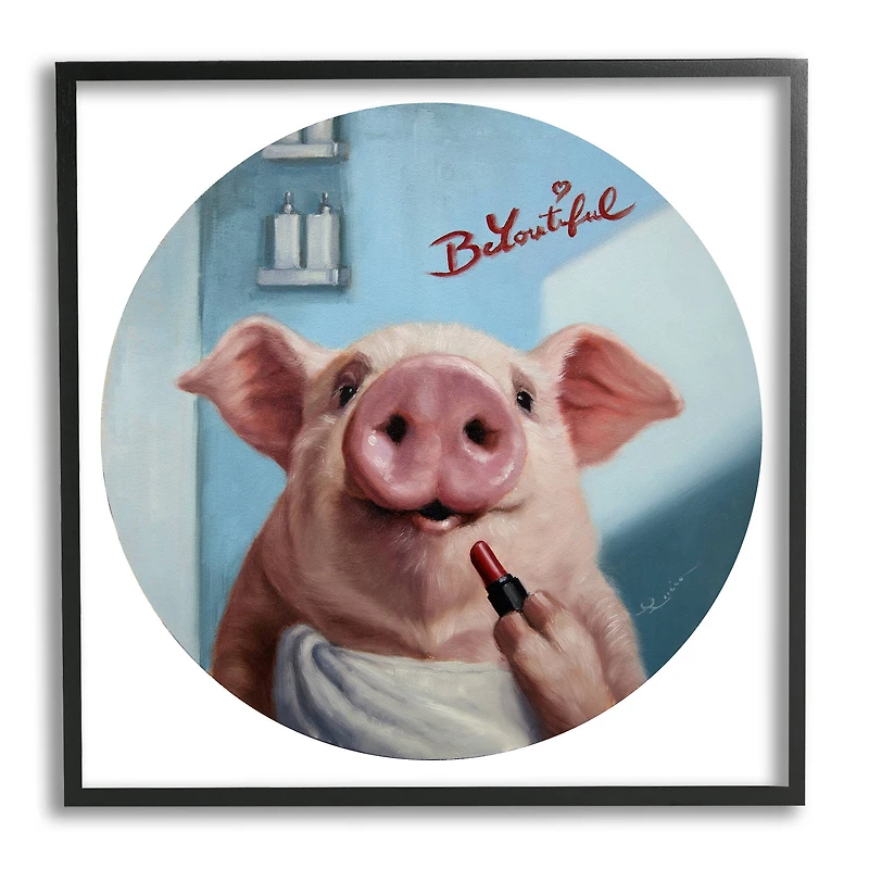 Stupell Industries Be-You-Tiful Pink Pig in Towel Lipstick Big Snout Framed Wall Art