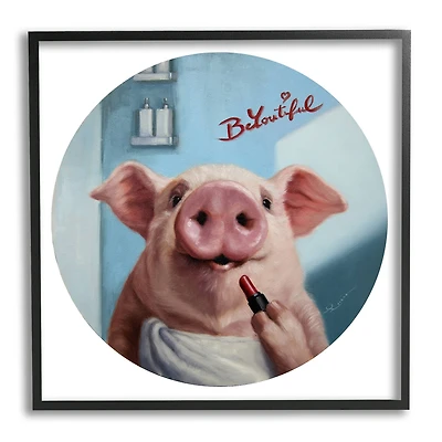 Stupell Industries Be-You-Tiful Pink Pig in Towel Lipstick Big Snout Framed Wall Art
