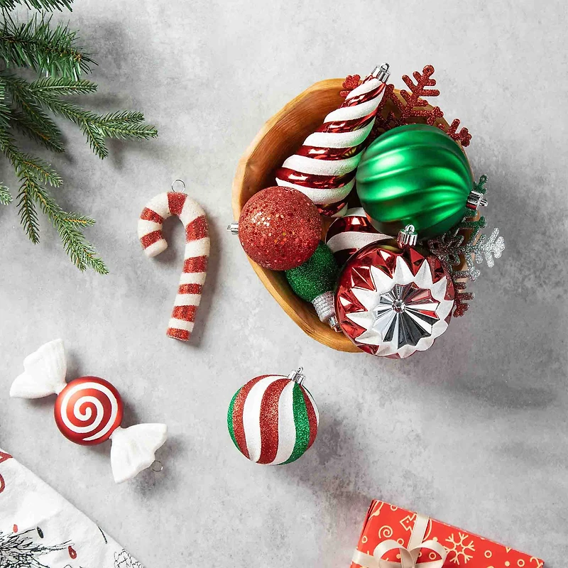 Glitzhome® Whimsical Red & Green Shatterproof Ornaments, Candy Picks & Ribbon Bow Set