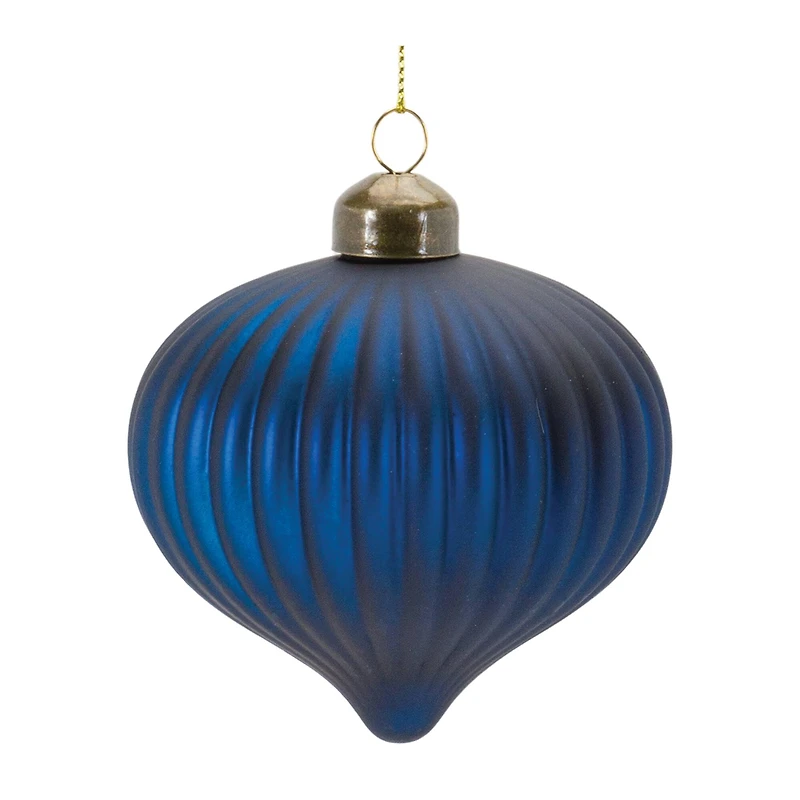 Ribbed Blue Glass Onion & Bell Ornament Set