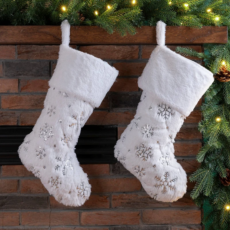 Glitzhome® 21" White Plush Snowflake Stocking, Set Of 2