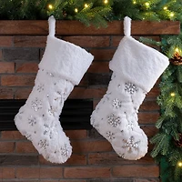 Glitzhome® 21" White Plush Snowflake Stocking, Set Of 2