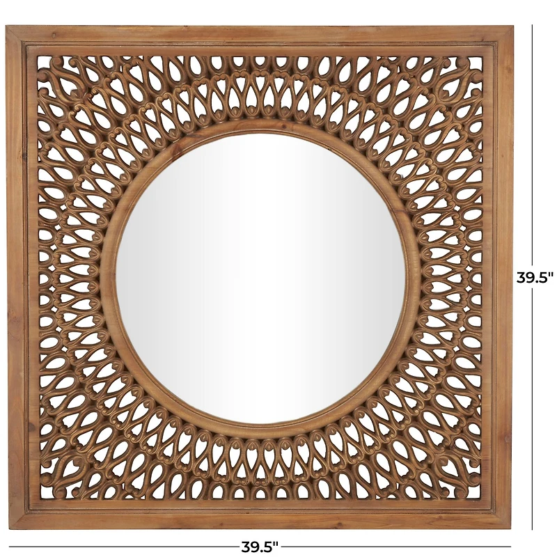 40" Brown Wood Framed Wall Mirror with Carved Scroll Pattern