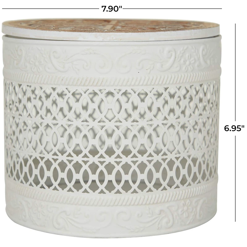 White Metal Laser Cut Metal Decorative Jars with Carved Wood Lids Set