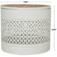 White Metal Laser Cut Metal Decorative Jars with Carved Wood Lids Set