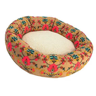 Hello Honey® 24" Pink & Brown Round Cotton Embroidered Sherpa Pet Bed