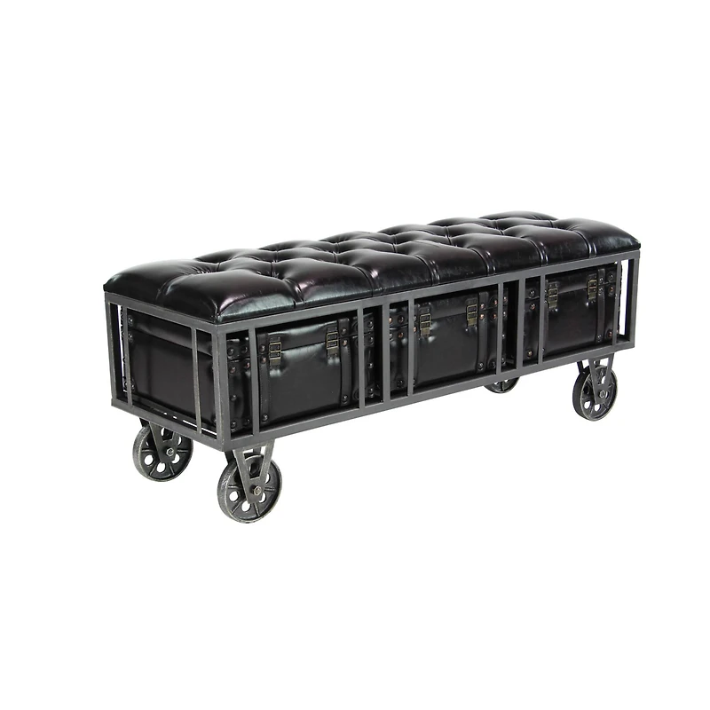 Industrial Rectangular Black Faux Leather and Wood Storage Bench, 19" x 47" x 16"