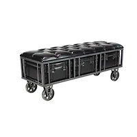 Industrial Rectangular Black Faux Leather and Wood Storage Bench, 19" x 47" x 16"
