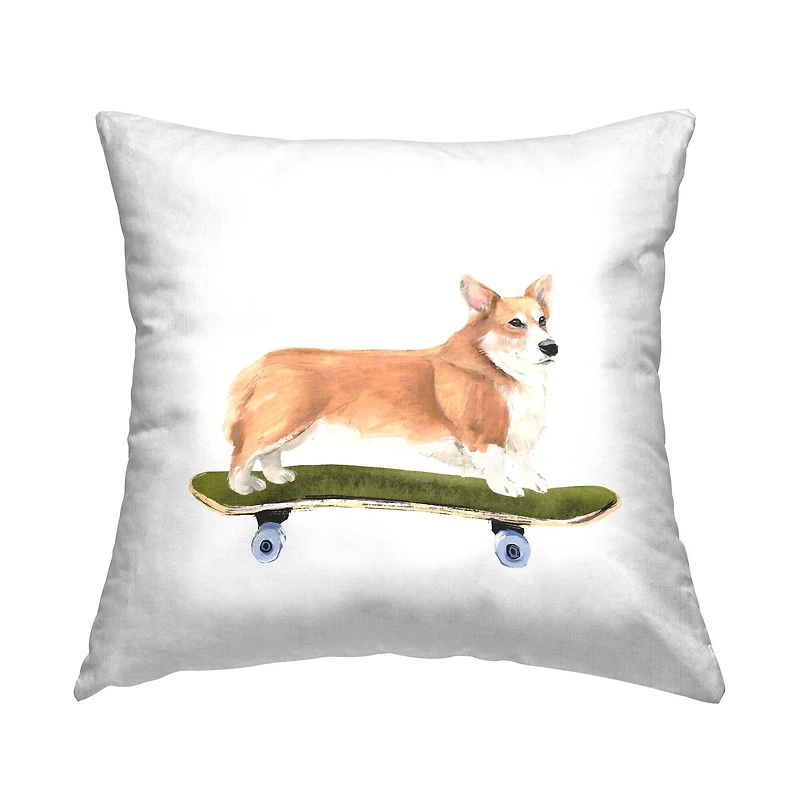 Stupell Industries Playful Corgi Pet Dog on Green Skateboard Throw Pillow 18" x 18"