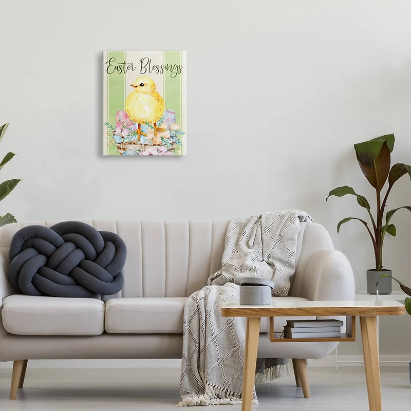 Stupell Industries Easter Blessings Text Striped Yellow Chick Egg Basket Canvas Wall Art