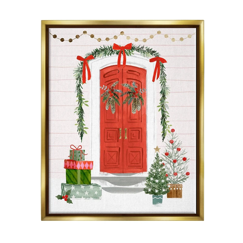 Stupell Industries Red Jolly Christmas Doorway Gold Framed Floater Canvas Wall Art