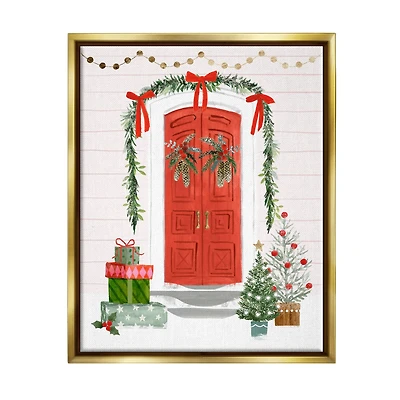 Stupell Industries Red Jolly Christmas Doorway Gold Framed Floater Canvas Wall Art