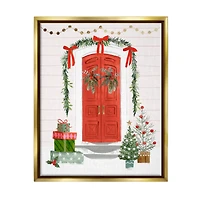 Stupell Industries Red Jolly Christmas Doorway Gold Framed Floater Canvas Wall Art