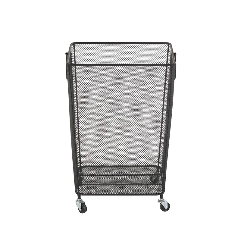 24" Black Metal Square Mesh Wire Rolling Laundry Storage Cart with Ring Handles