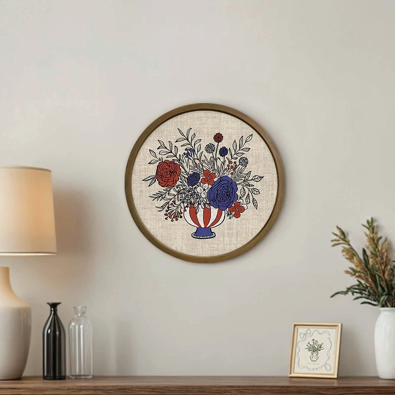 20" x 20" Red, White & Blue Florals Round Framed Print