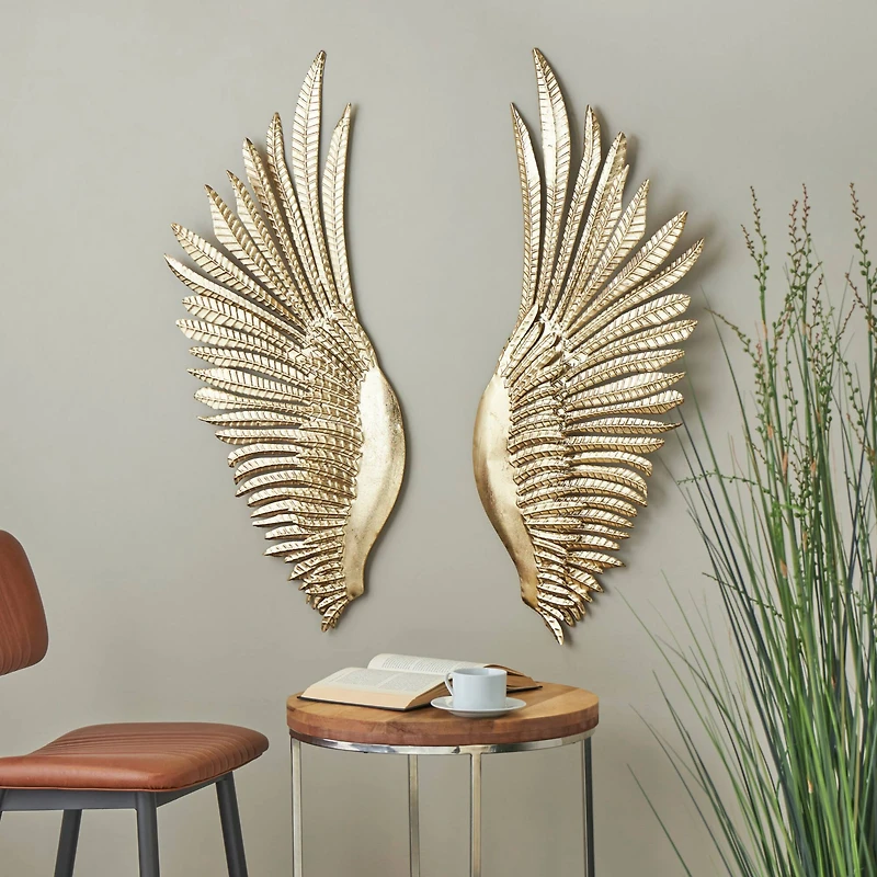 16" x 41" Gold Metal Bird Wing Wall Décor Set with Textured Metallic Finish