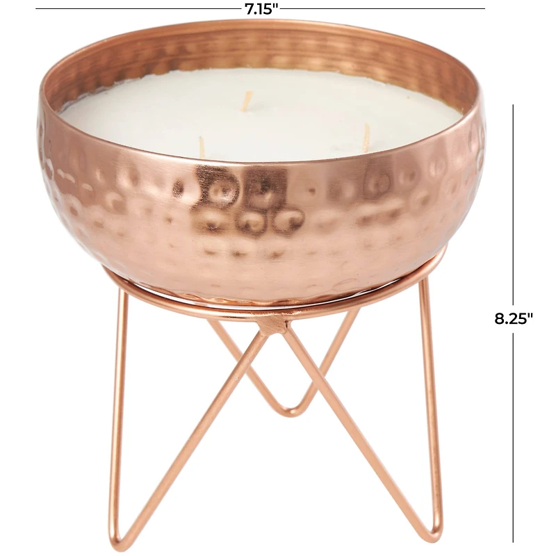 White Wax Vanilla Marshmallow Scented Candle with Hammered Copper Container and Tripod Stand