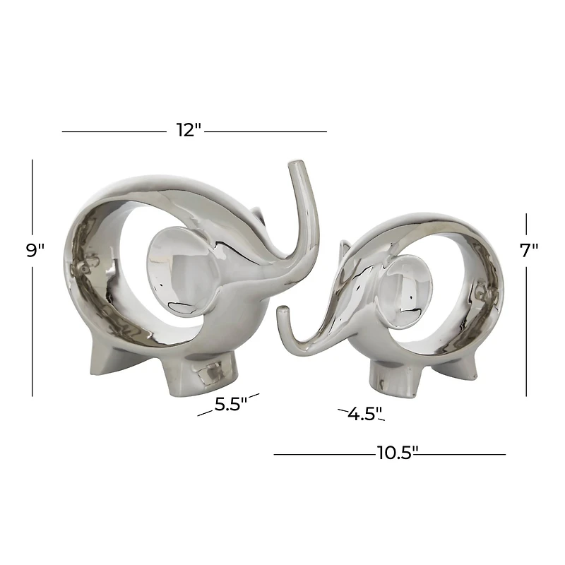 7" Silver Porcelain Elephant Sculpture Set