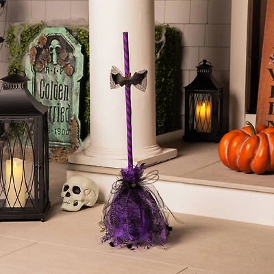 29" Purple & Black Striped Animated Witches Halloween Broom with Bat Accents