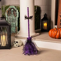 29" Purple & Black Striped Animated Witches Halloween Broom with Bat Accents
