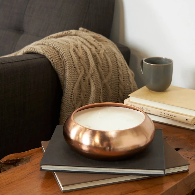 9" White 4-Wick Wax Tropical Breeze Scented Wide Dome Shaped Candle with Copper Container Bowl