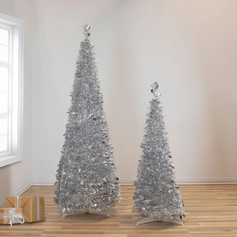6ft. Unlit Silver Tinsel Pop-Up Artificial Christmas Tree