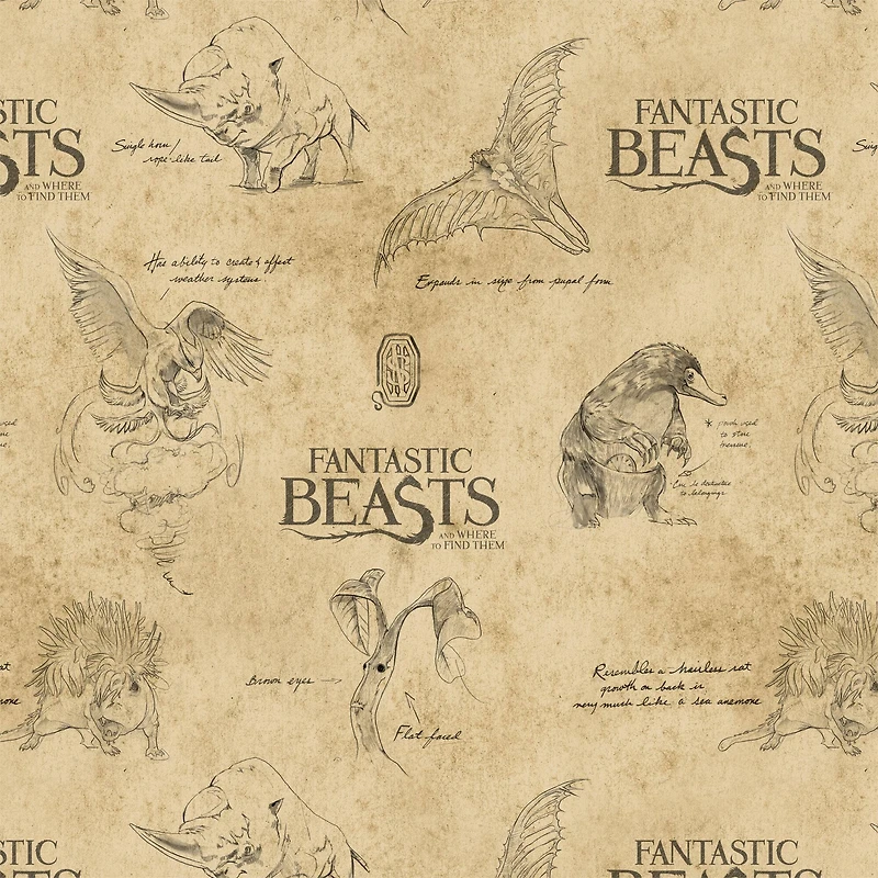 Fantastic Beasts™ Logo & Creatures Tan Cotton Fabric
