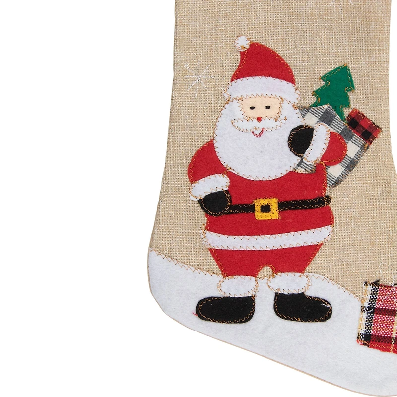19" Beige & Red Burlap Santa Christmas Stocking