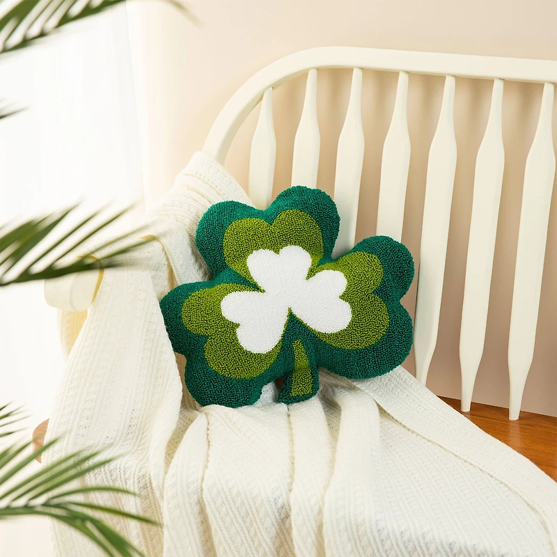 Glitzhome® 14" St. Patrick's Hooked Shamrock-Shaped Pillow