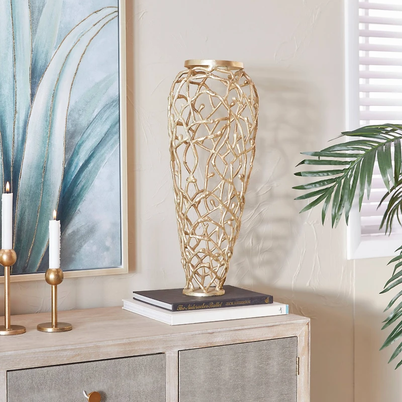 Gold Aluminum Contemporary Vase, 9" x 9" x 23"