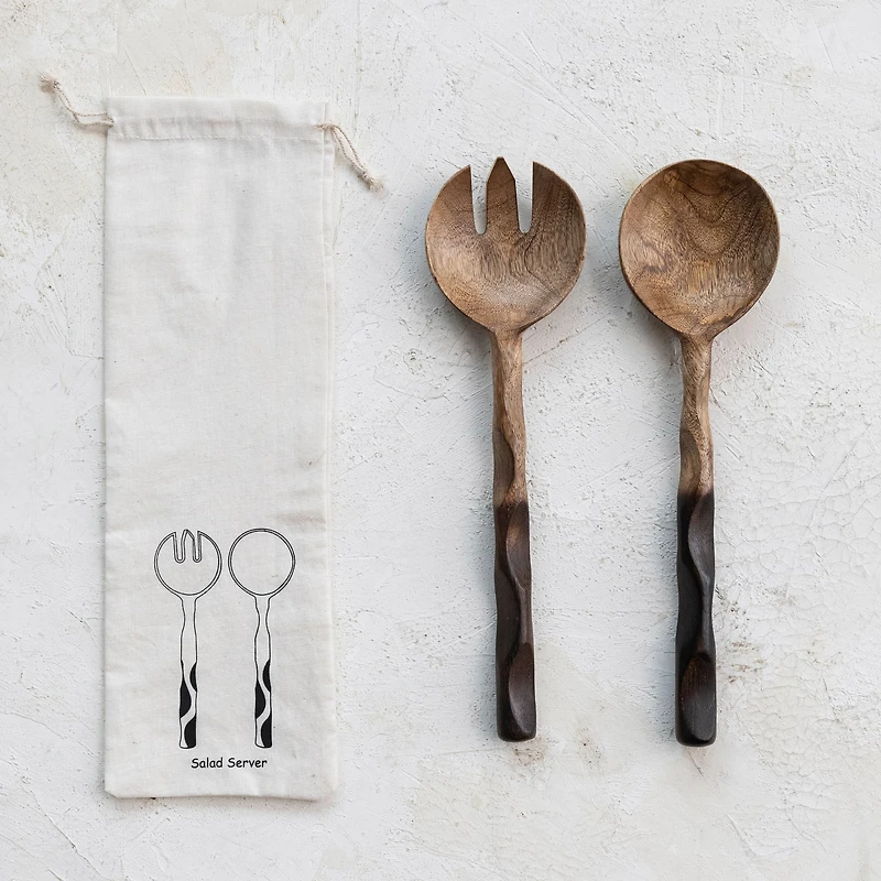 Hello Honey® Natural & Espresso Mango Wood Salad Server Set with Drawstring Bag