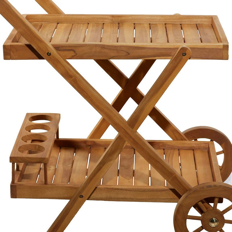 Brown Teak wood Traditional Outdoor Rolling Serving Cart, 32" x 32" x 21"