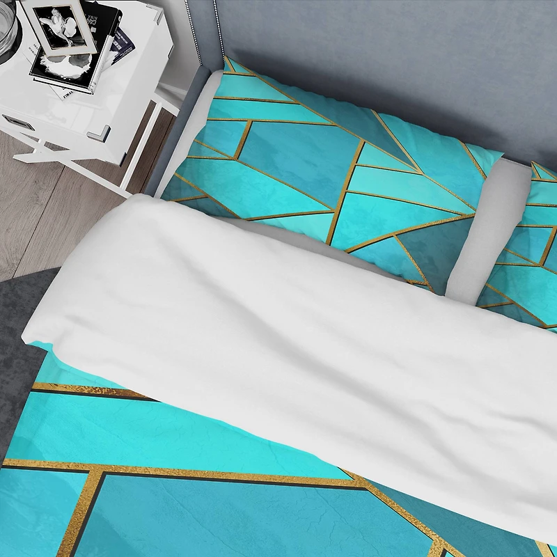 Designart 'Yellow Triangular Geometry over Background of Shades of Cyan' Modern & Contemporary Bedding Set
