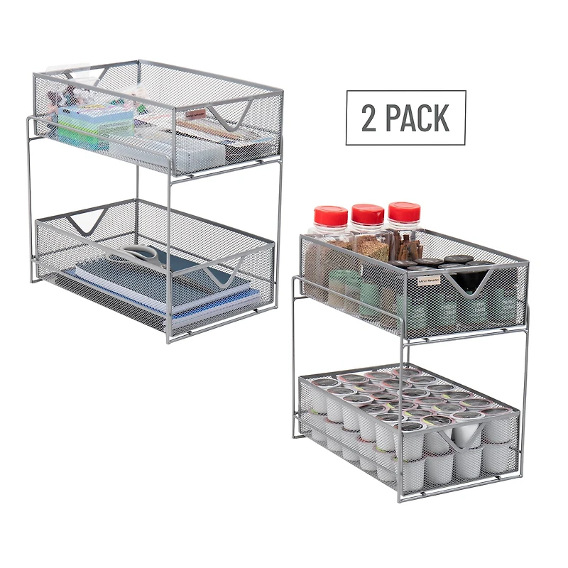 Mind Reader Network Collection 2-Tier Silver Sliding Basket Storage, 2ct.