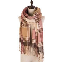 Glitzhome® 77" Pink, Cream & Gray Plaid Scarf with Tassels
