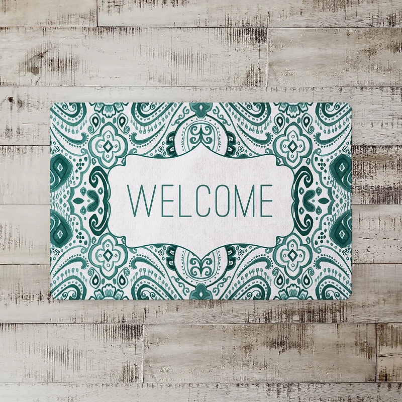 Green and White Welcome Floor Mat