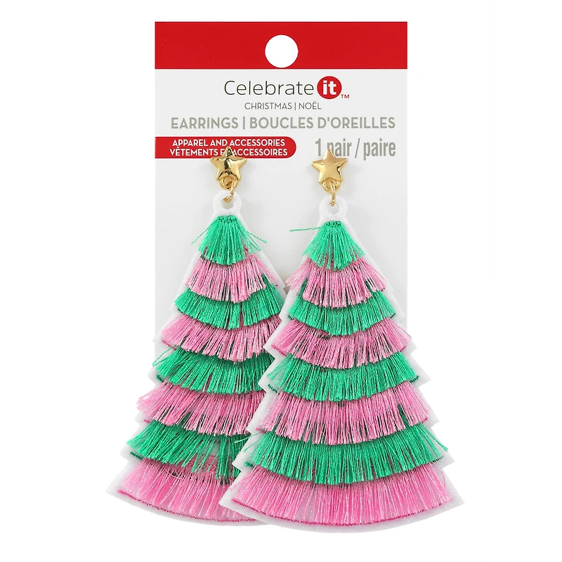 Green & Pink Tassel Tree Earrings by Celebrate It™