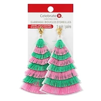 Green & Pink Tassel Tree Earrings by Celebrate It™