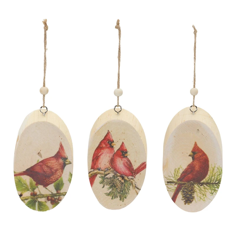 Wood Cardinal Bird Tree Disc Ornament Set