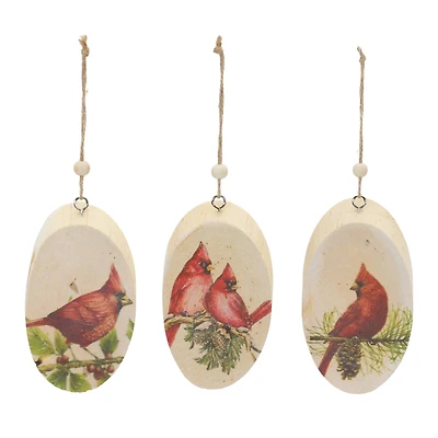 Wood Cardinal Bird Tree Disc Ornament Set