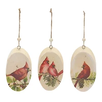Wood Cardinal Bird Tree Disc Ornament Set