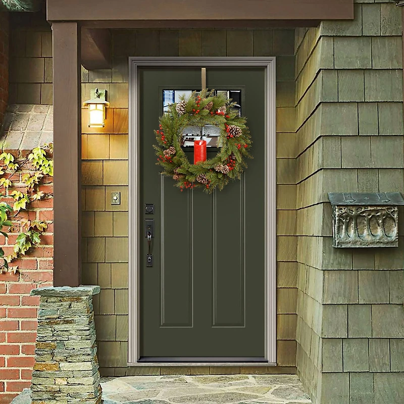 24" Feel Real® Bristle Berry Wreath with Red Electronic Candle, Red Berries & Cones