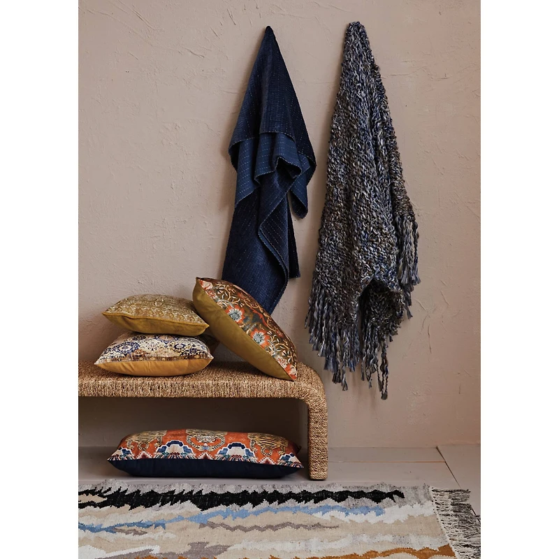 Hello Honey® Blue Kantha & Blanket Stitch Edge Cotton Velvet Throw