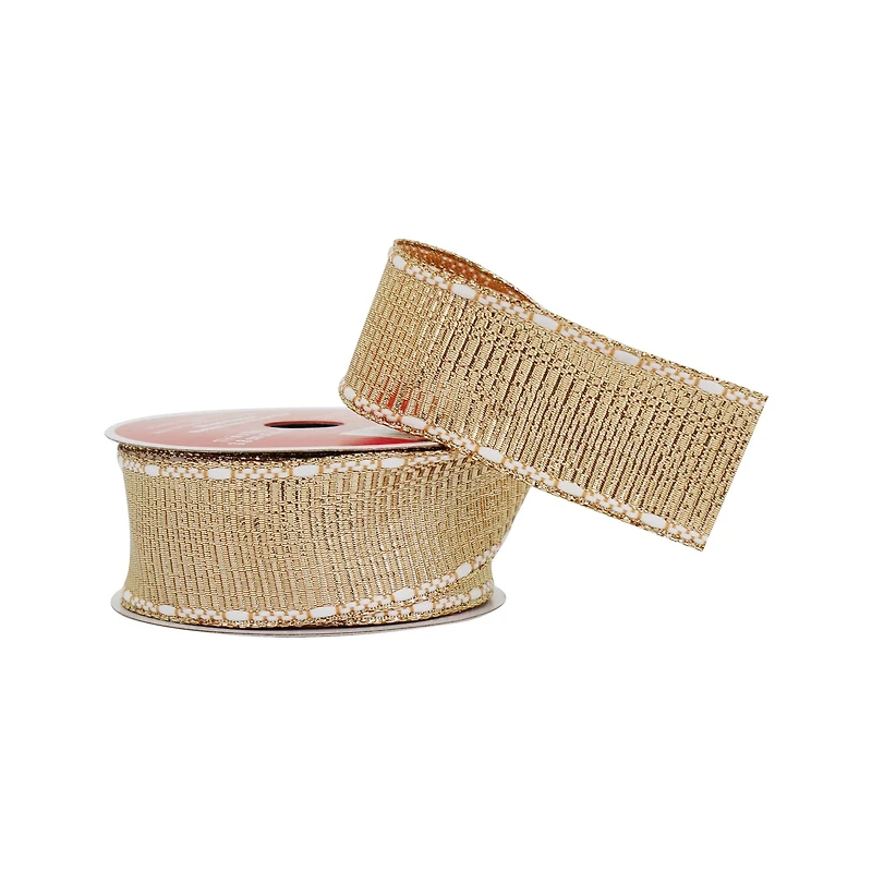1.5" x 18ft. Gold & White Stitch Wired Metallic Ribbon by Celebrate It®